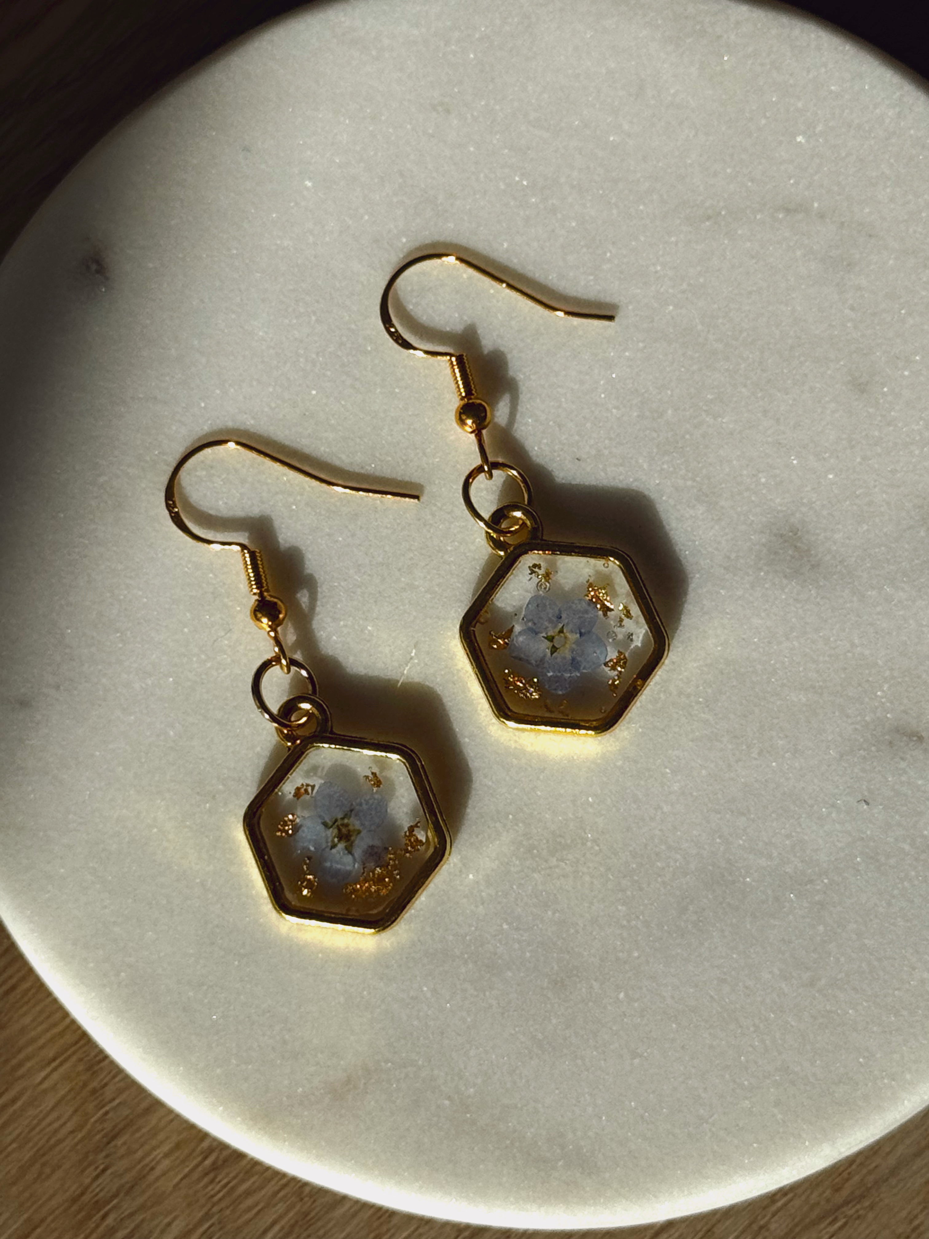 hexagon forget me not floral earrings