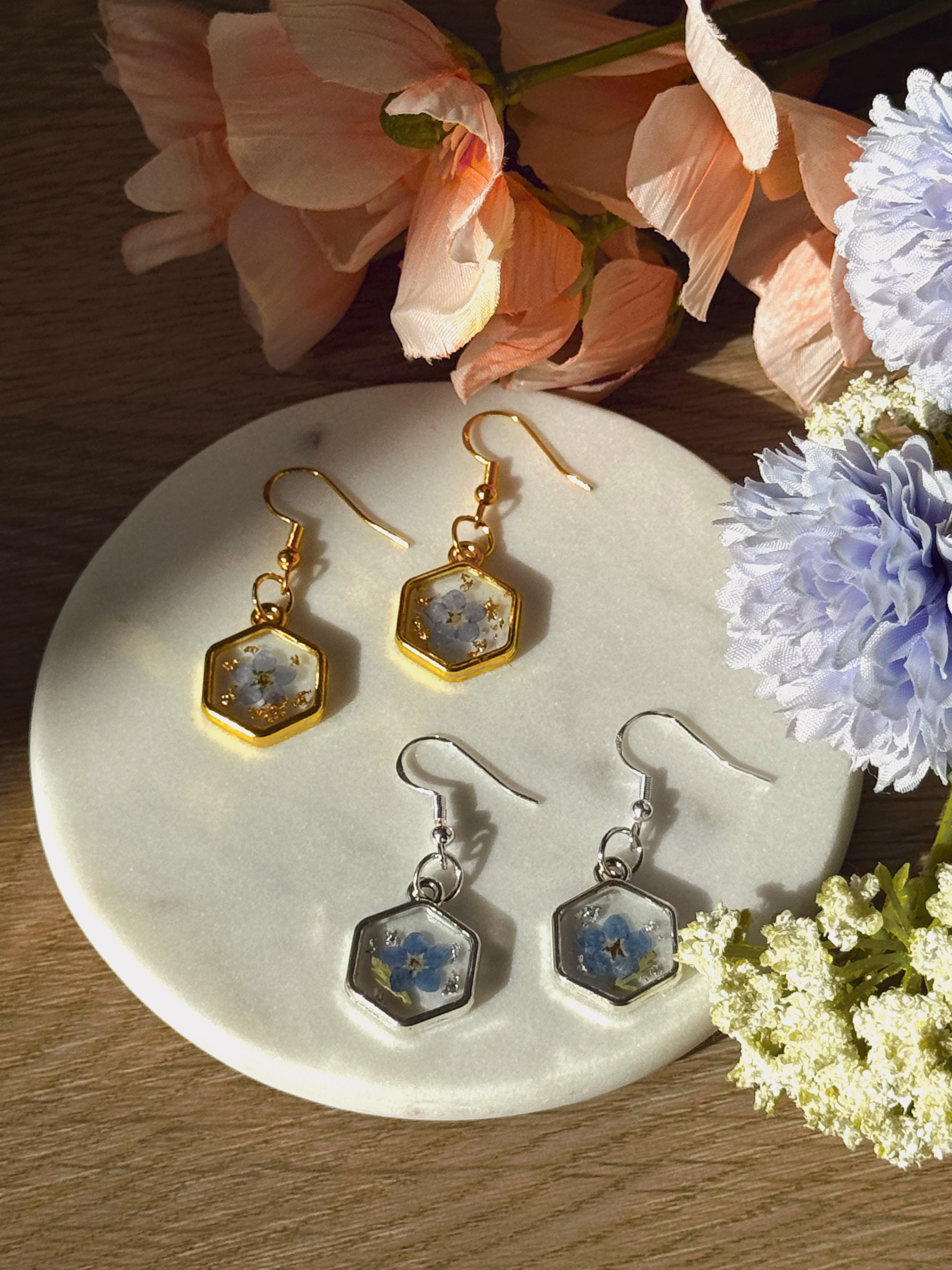 hexagon forget me not floral earrings