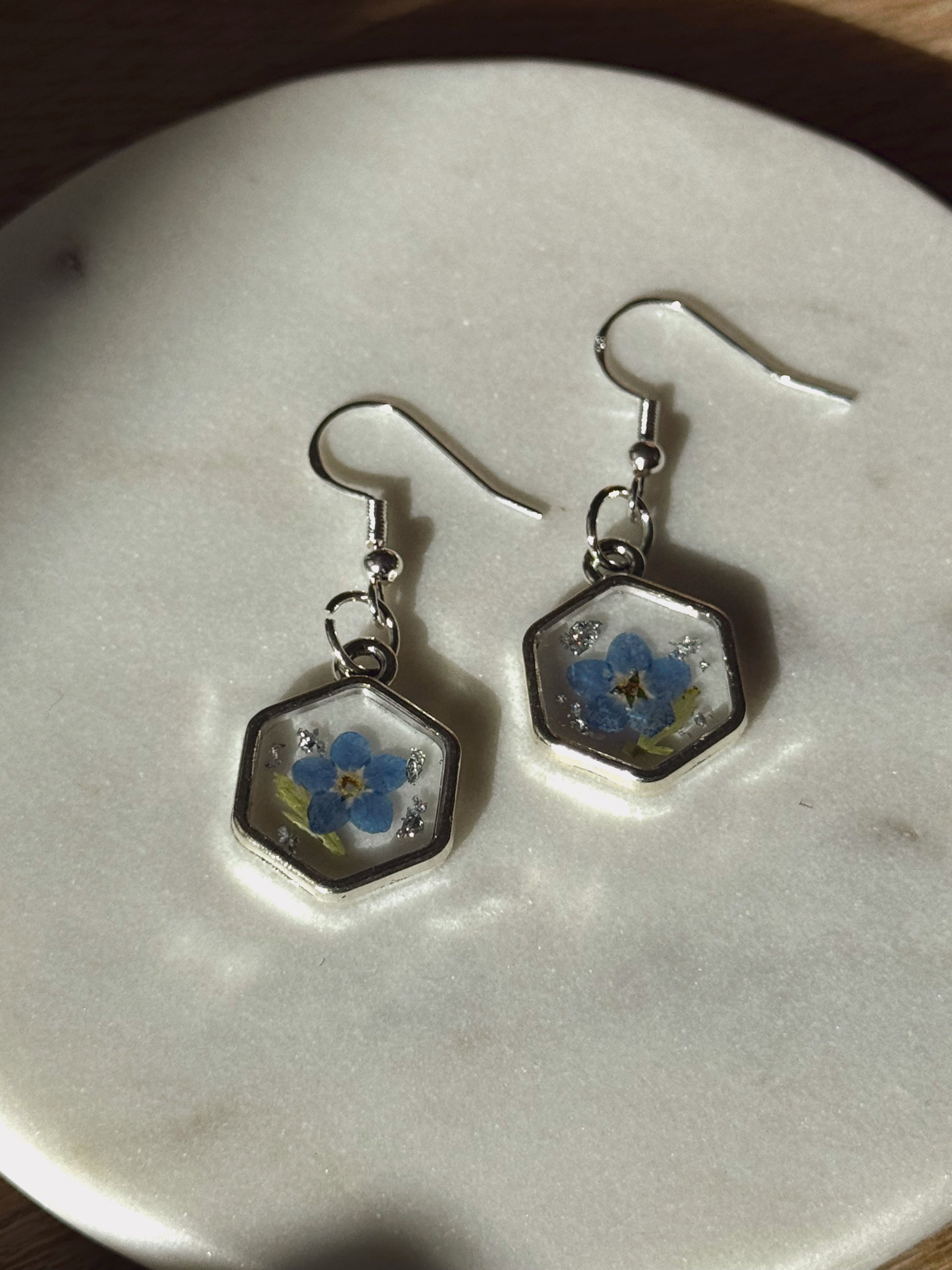 hexagon forget me not floral earrings