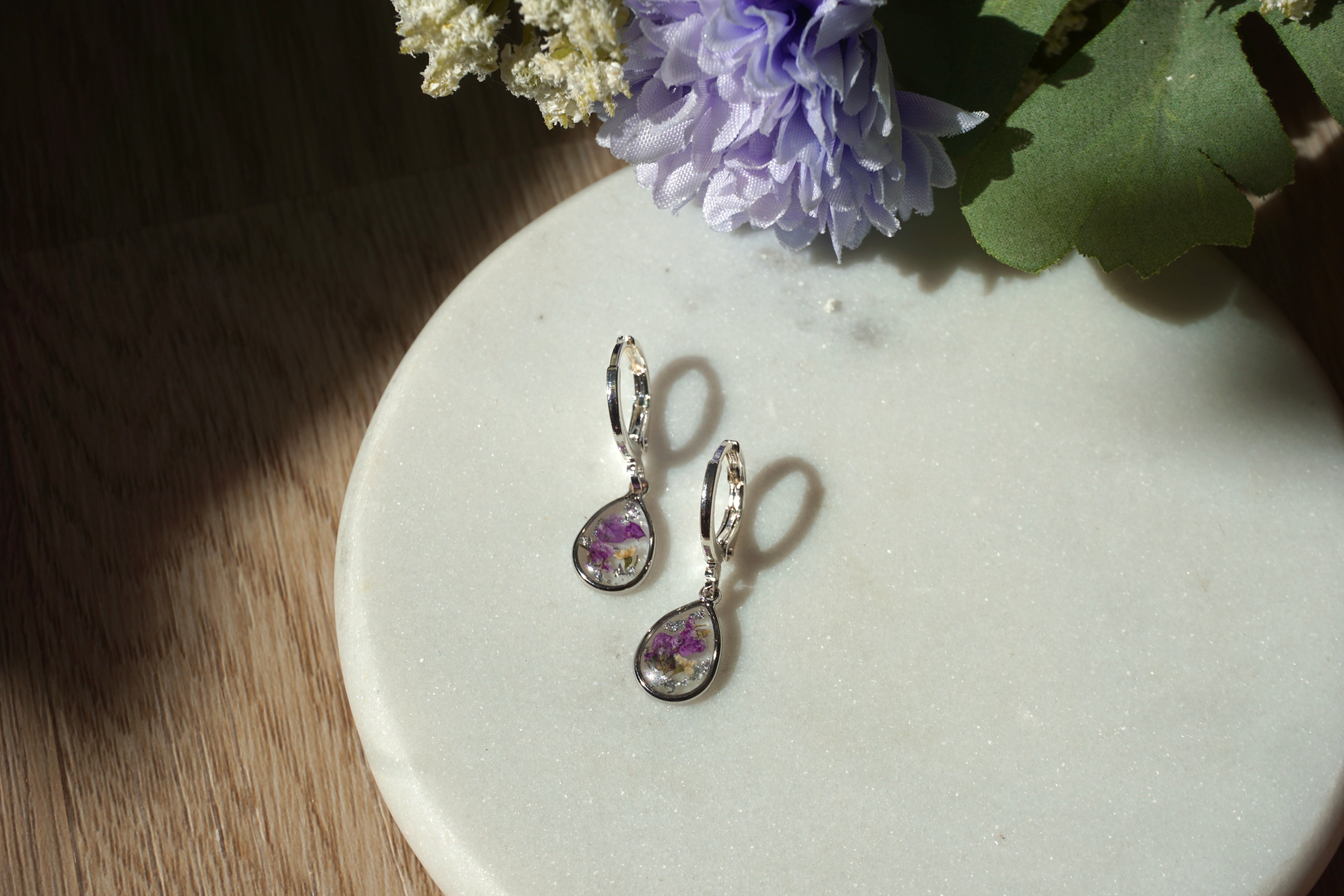 teardrop silver floral hoops