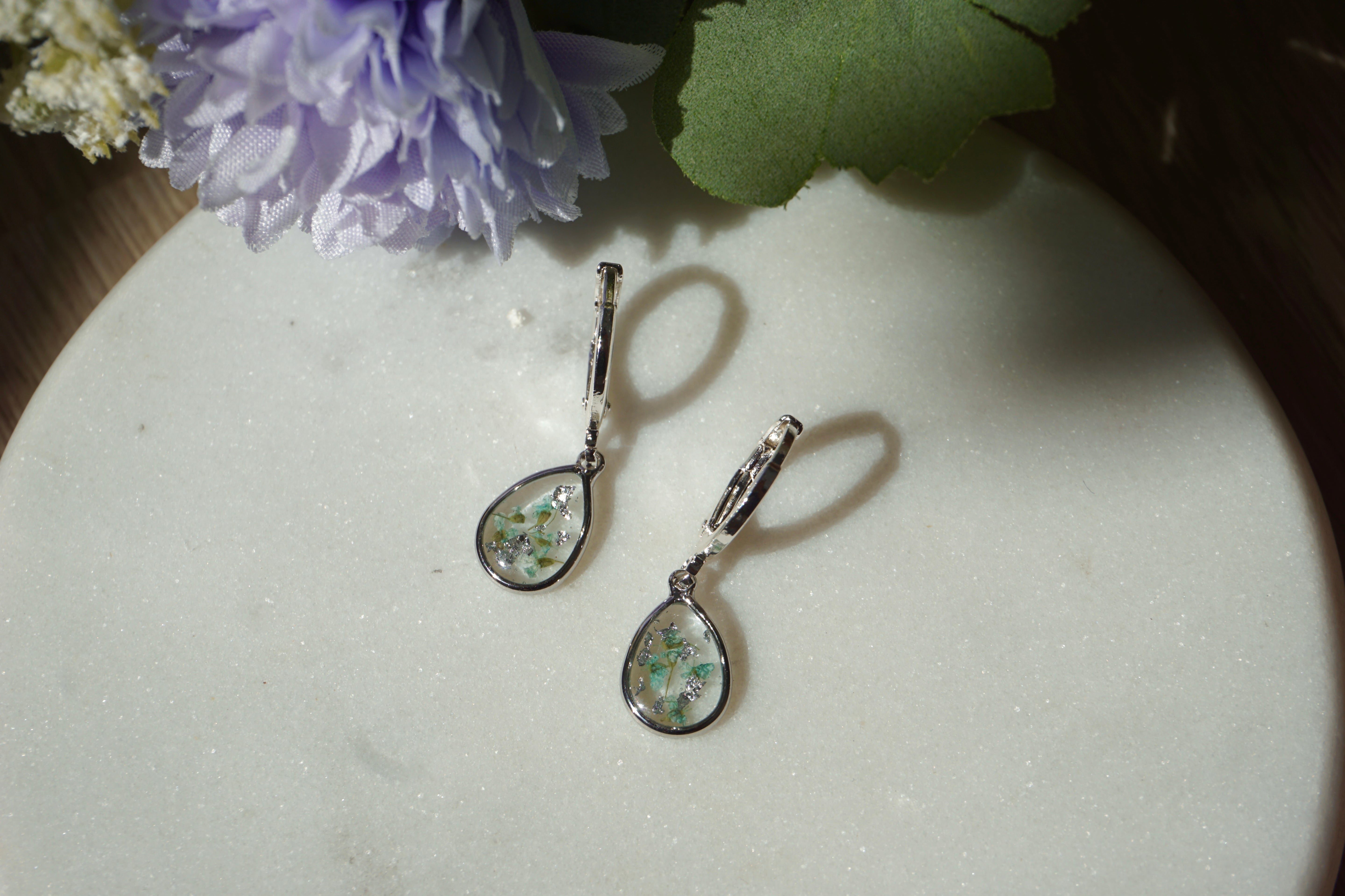 teardrop silver floral hoops