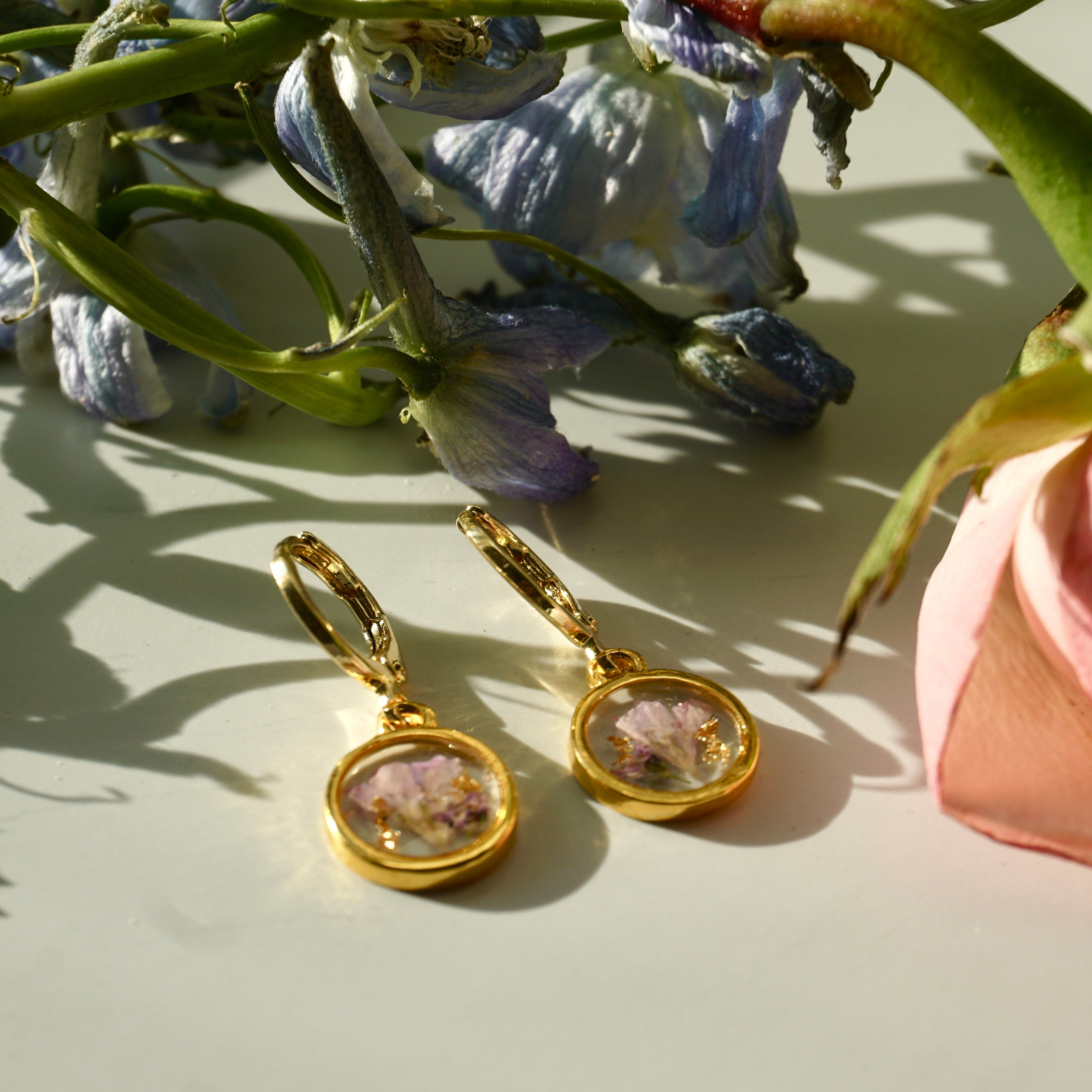 Pressed Violet Flower Hoop Earrings