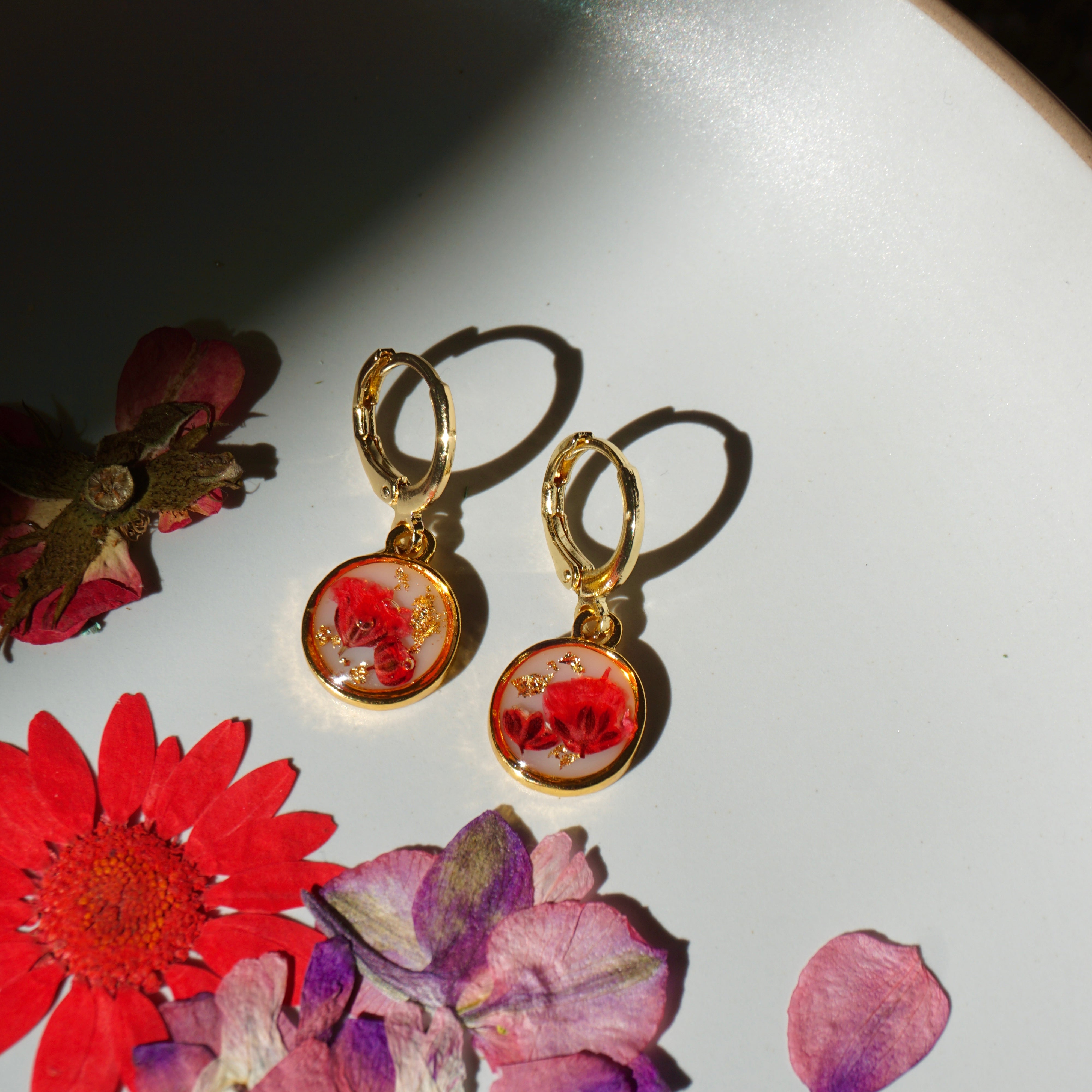 Pressed Rose Garden Flower Hoop Earrings