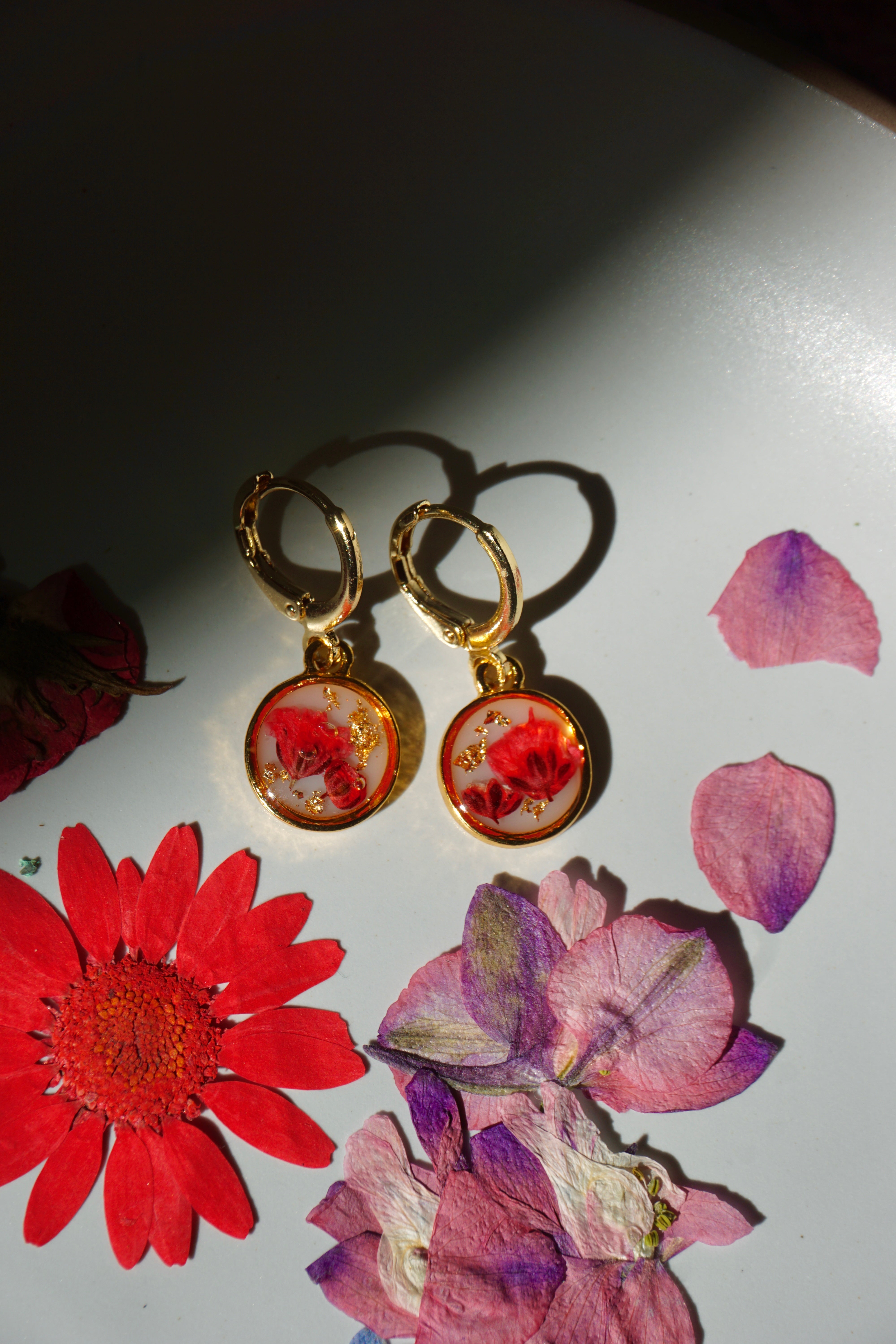 Pressed Rose Garden Flower Hoop Earrings
