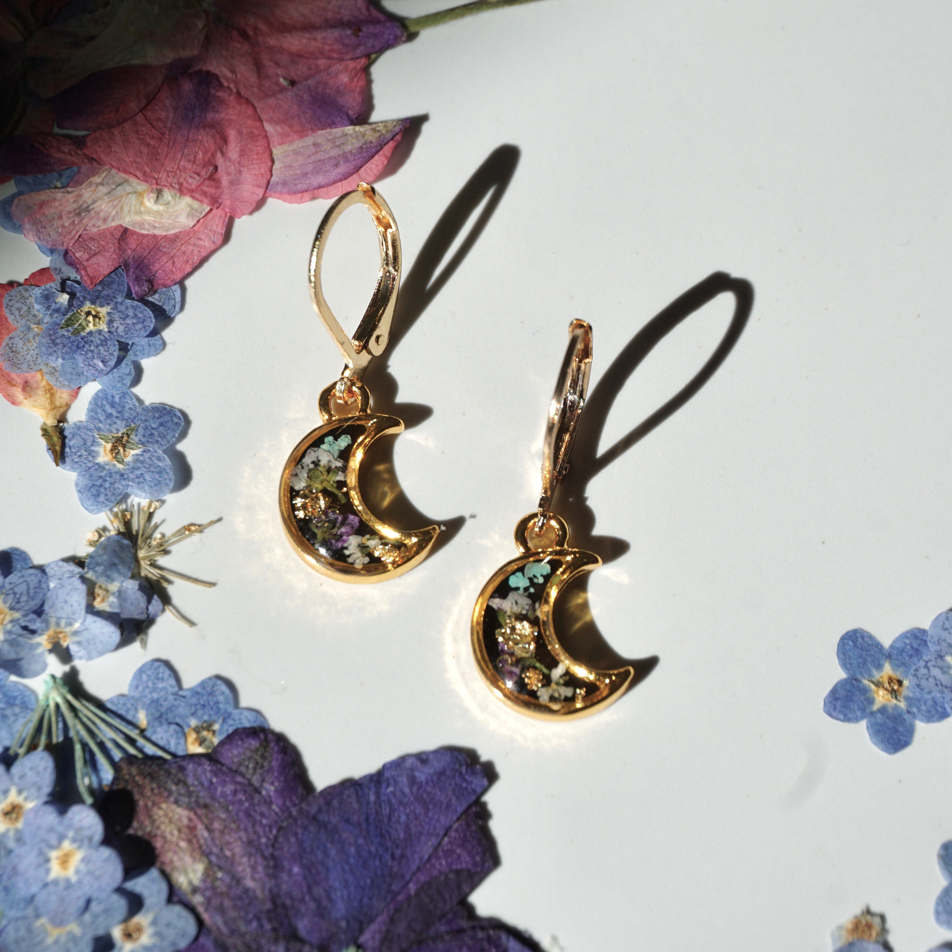 Pressed Flower Crescent Moon Earrings