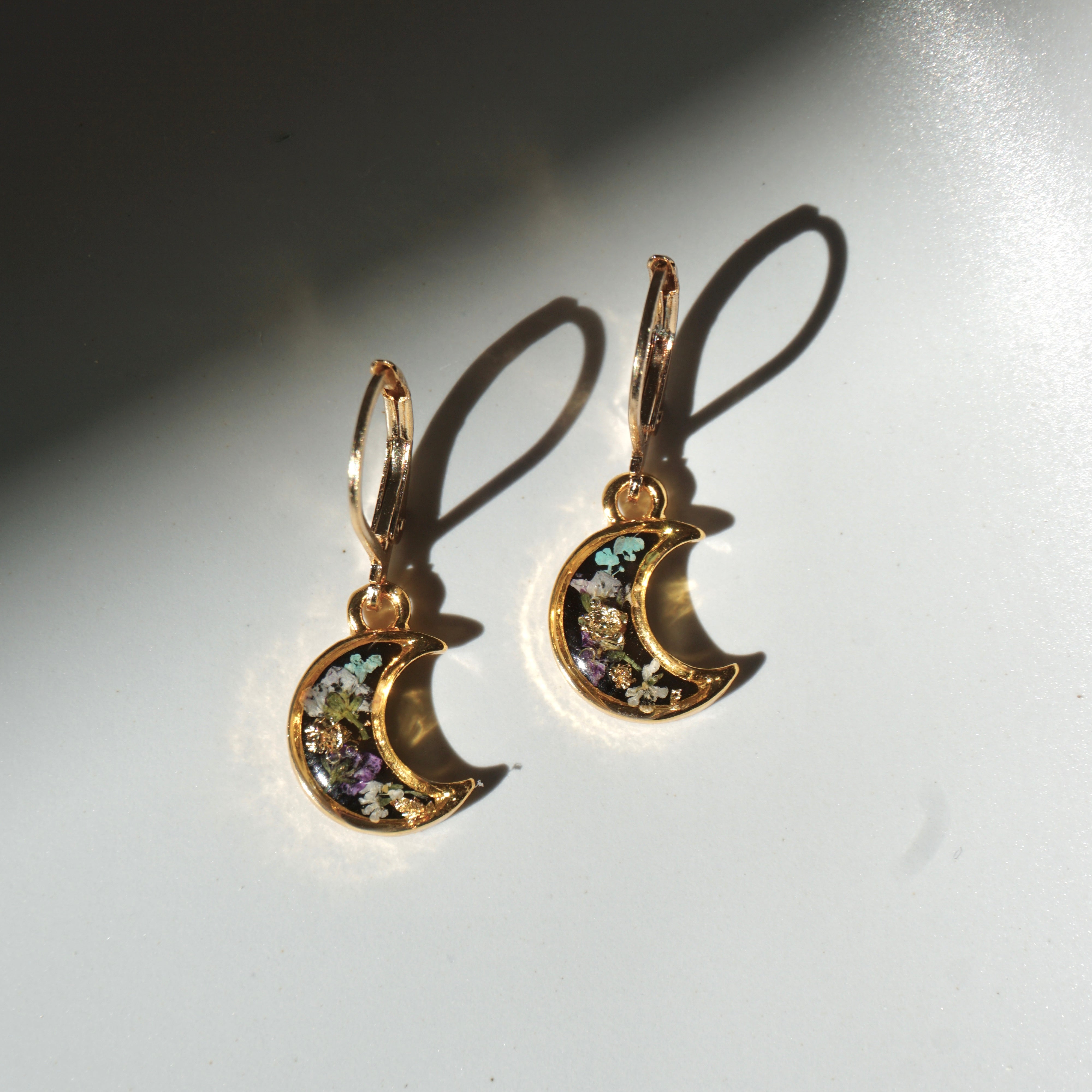 Pressed Flower Crescent Moon Earrings