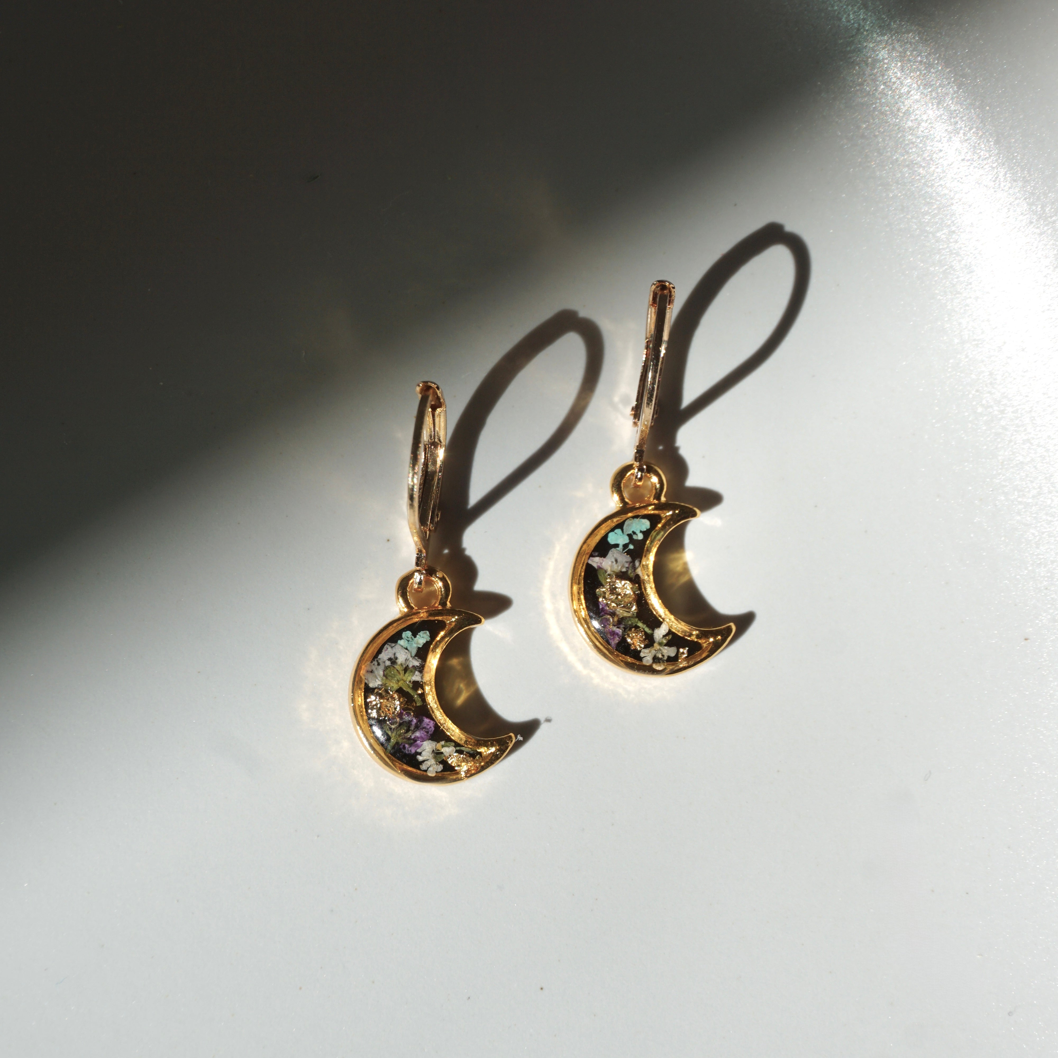 Pressed Flower Crescent Moon Earrings