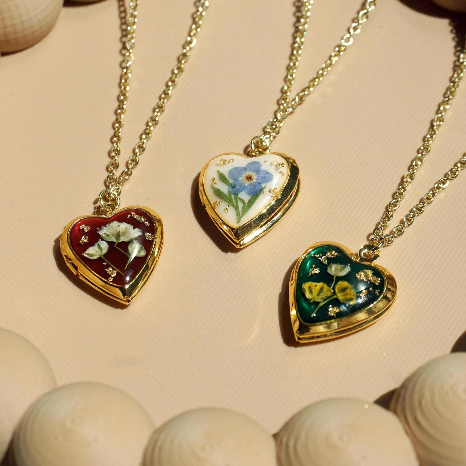 heart pressed flower locket necklace